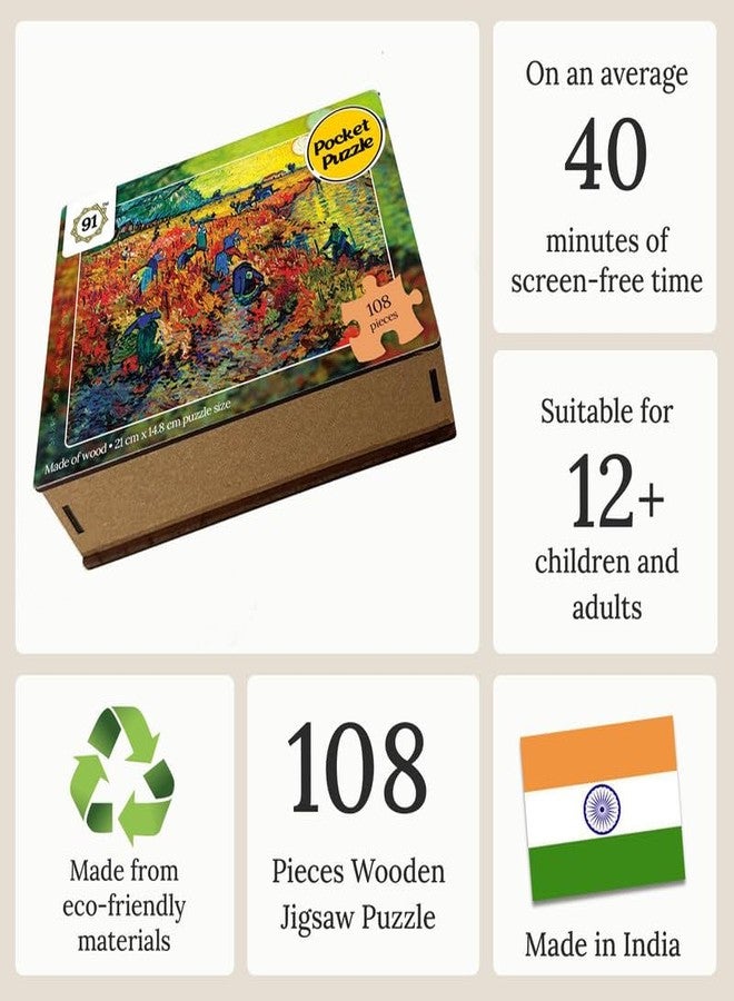 91Knots | The Red Vineyard by Vincent Van Gogh 108 Pieces Premium Wooden Small Jigsaw Puzzle for Adults & Teens | Classical Art Brain Teaser | Mindfulness Activity | Travel-Friendly Gift - Image 3